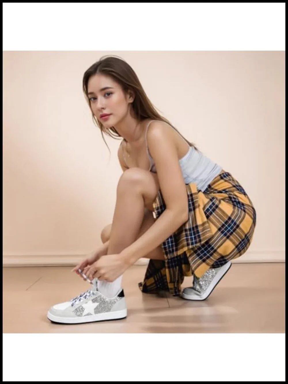 Sparkly Star Fashion Sneakers Glitter Non Slip Retro Leather Lace Up Walking